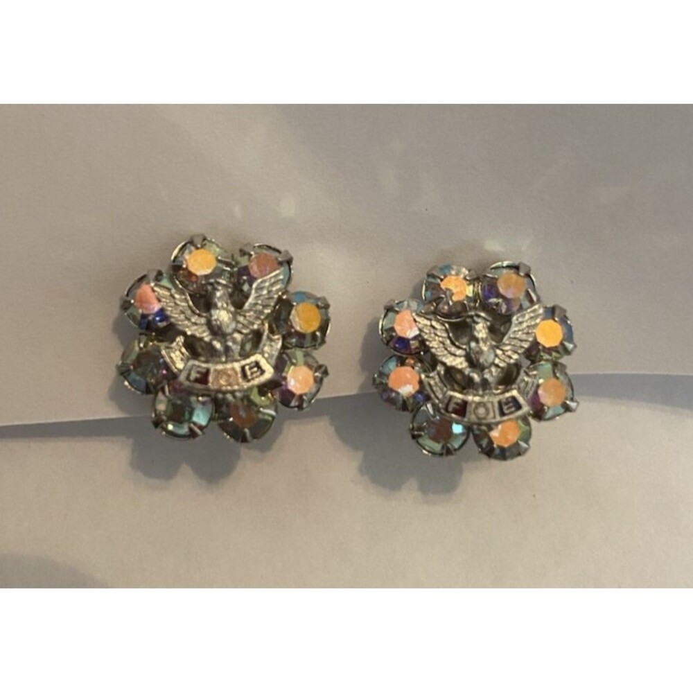 Vintage Fraternal Order of Eagles FOE Women's Rhinestone EARRINGS Clip On Silver
